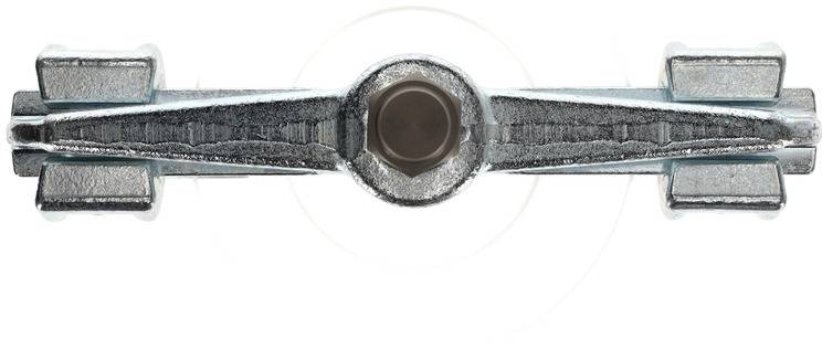 A silver metallic object with a central round element and symmetrical, geometric extensions on both sides.