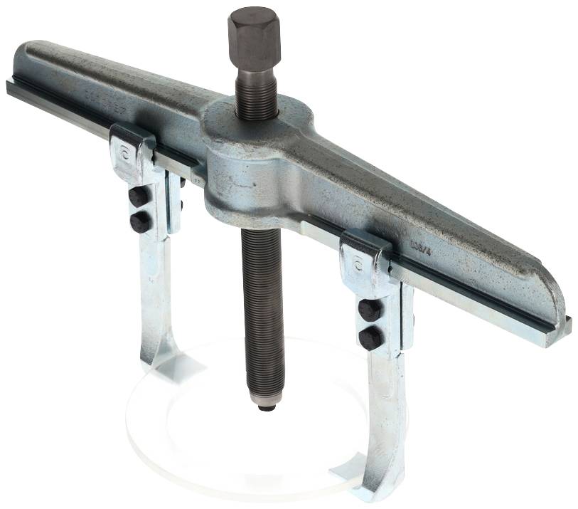 Two-legged puller with screw mechanism, for removing stuck parts such as gears or bearings from a shaft.