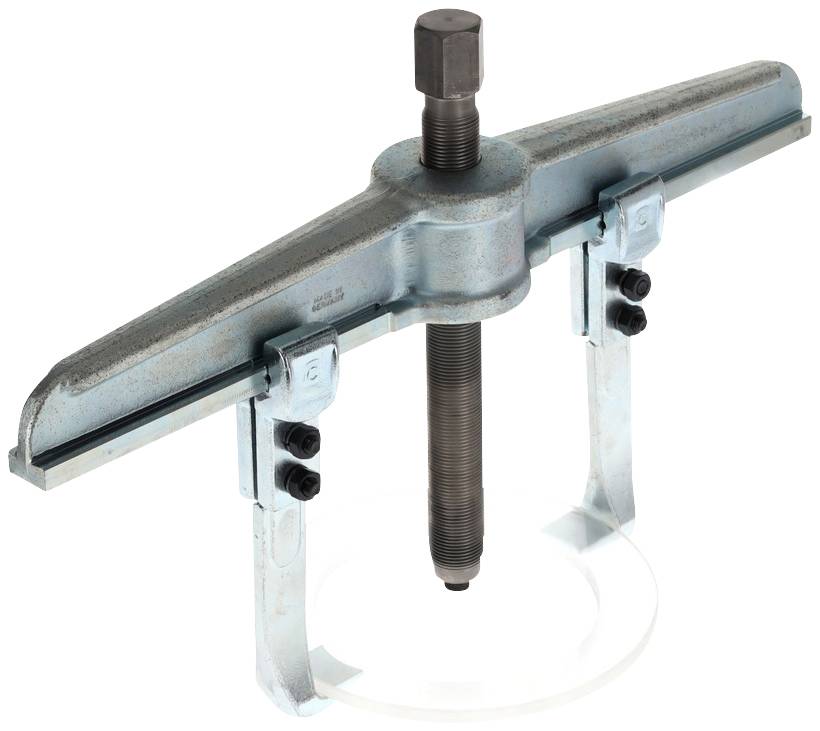 Metal two-arm puller with central screw, used for removing bearings or gears from shafts.
