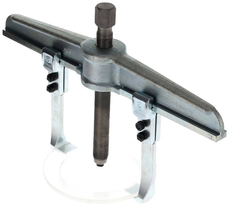 Two-legged puller with silver-coloured metal frame and central threading, for removing stubborn bearings or gears.