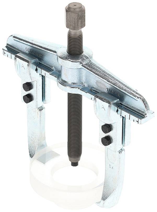 'Two-armed metal puller with screw mechanism, used for removing bearings or gears from machine components.'