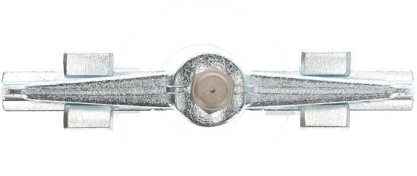 Metallic object with symmetrical design and central circular section, likely a mechanical component.