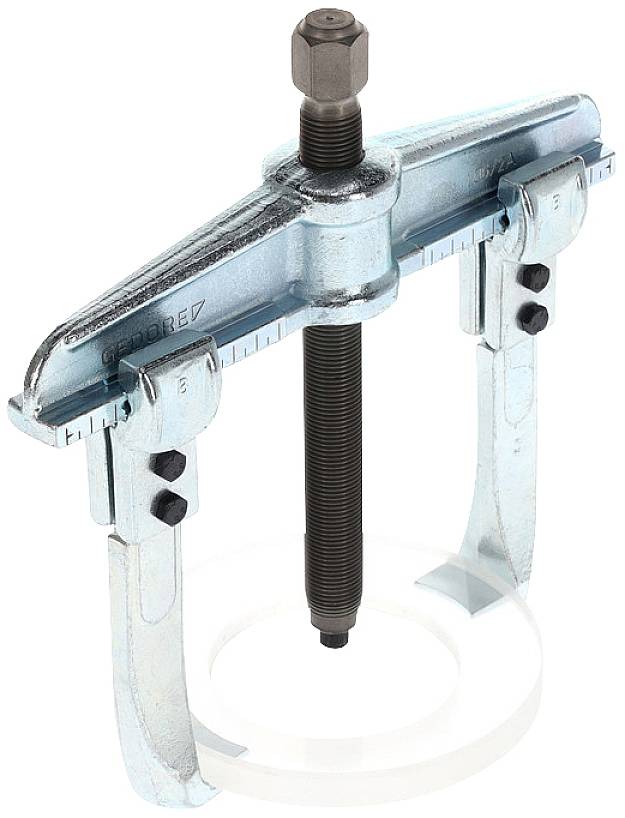Two-legged puller with a central screw thread, suitable for removing gears or bearings from a shaft.