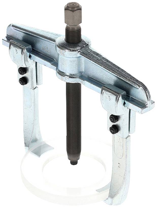 Metal puller with two arms and a central screw, used for removing seized parts from shafts.