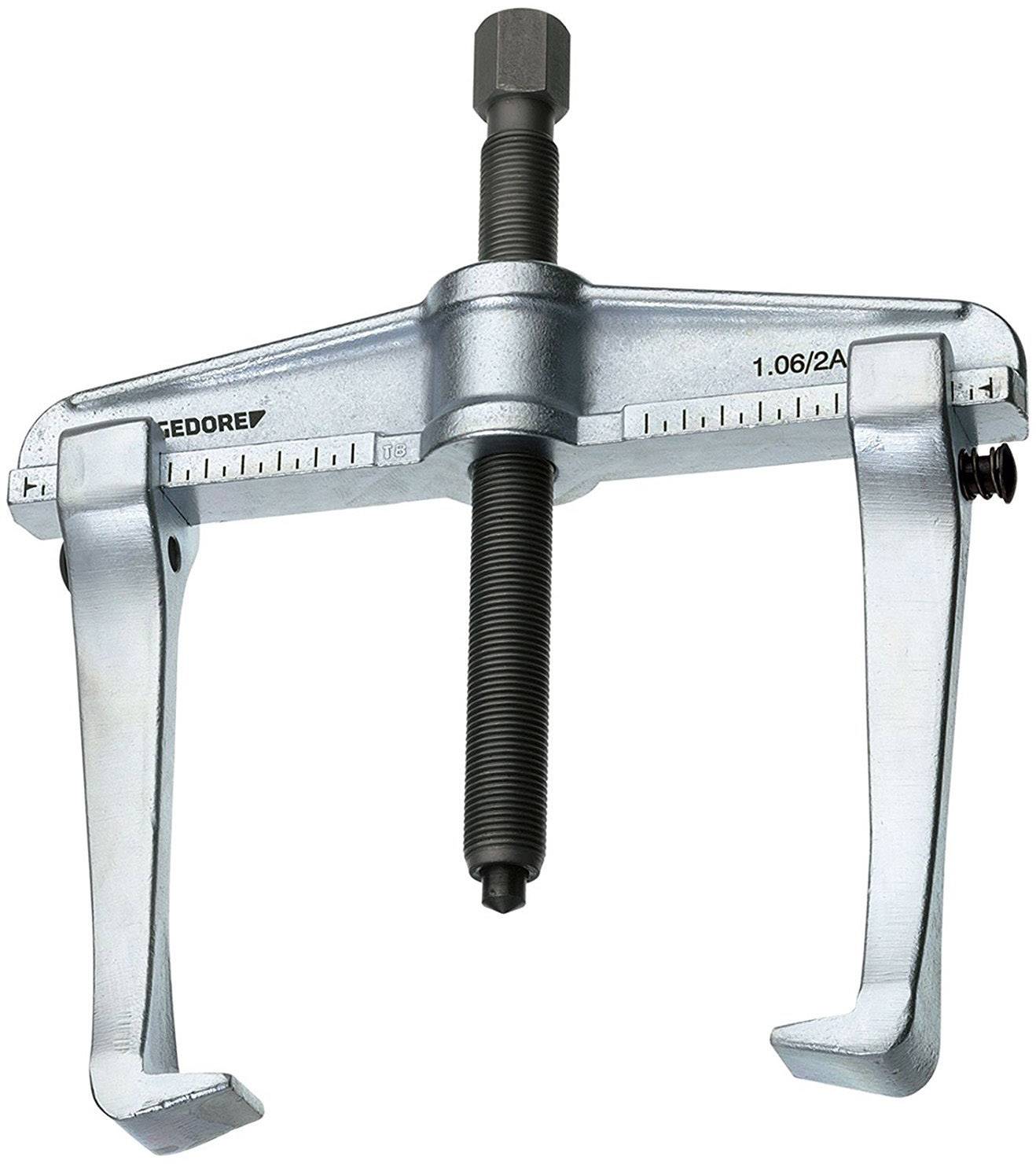 A silver-coloured puller with two adjustable arms and a central screw, used for removing bearings or pulleys.