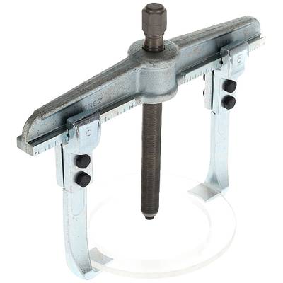 A silver two-arm puller with a central screw, used for removing gears or bearings.