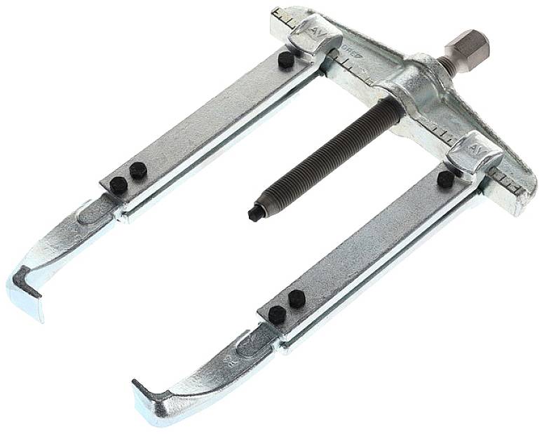 Two-pronged metal puller, used for removing bearings or gears from a shaft.