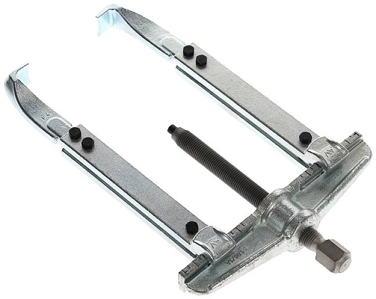 Two-arm metallic puller with screw mechanism for removing bearings or gears in mechanical applications.