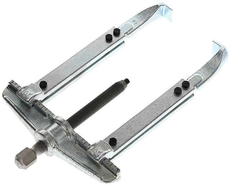 A silver two-arm puller with a central screw, used for removing bearings or gears from shafts.