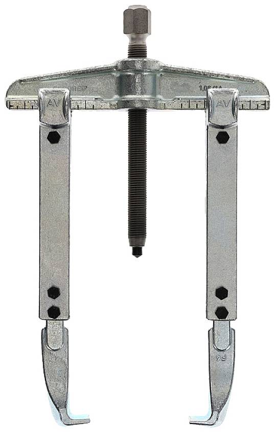 A two-pronged puller with sturdy handles and a central bolt, used for removing seized parts in mechanical engineering.