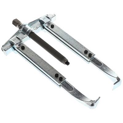 A mechanical two-arm puller with screw mechanism and hooks, used for removing gears or bearings from shafts.