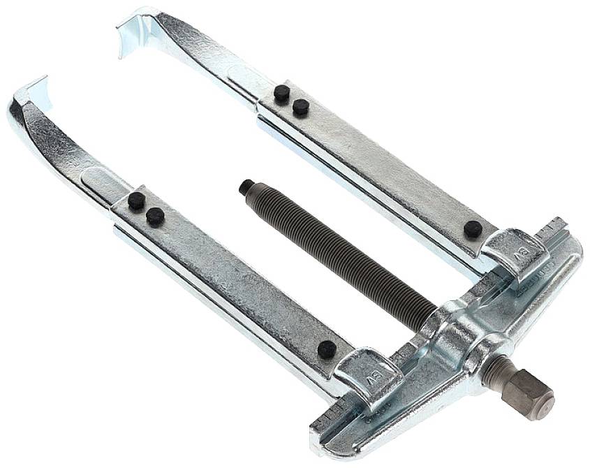 A silver two-handled puller with a central threaded spindle for removing bearings or gears.
