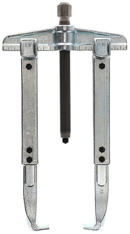 A two-armed metal puller with a central screw, used for removing bearings or gears from shafts.