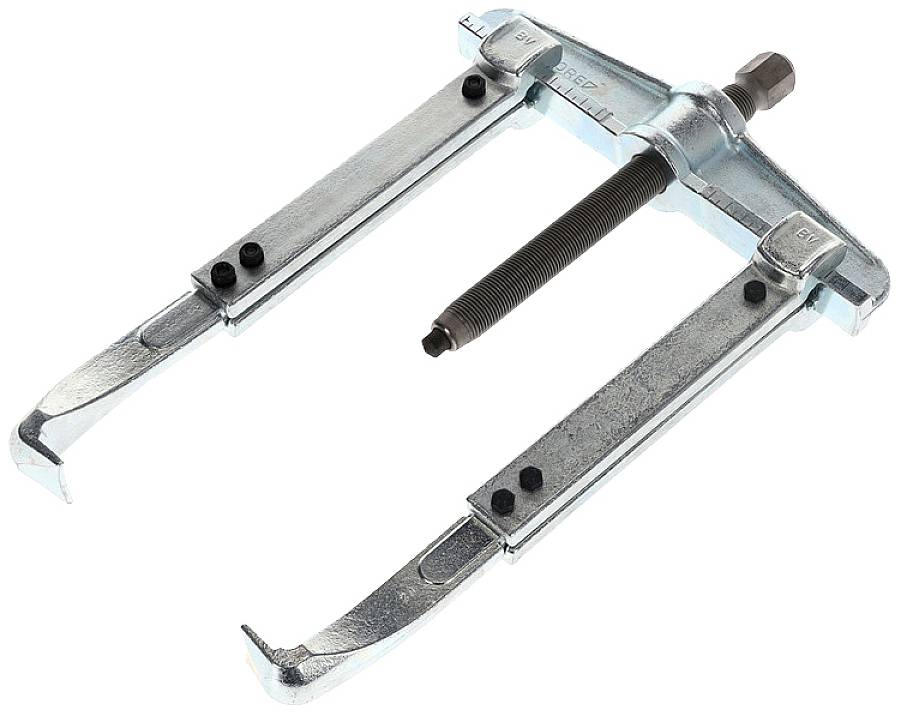 A puller tool with two adjustable arms and a central screw, used for removing gears or bearings.
