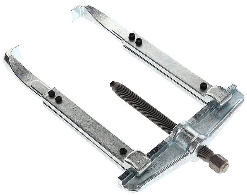 Two-hook metal puller with a central threaded bolt, used for removing seized parts from shafts.
