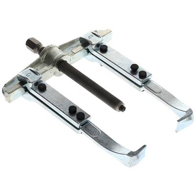 Two-legged metal puller with adjustable screw and hook, used for removing gears or bearings from machinery.