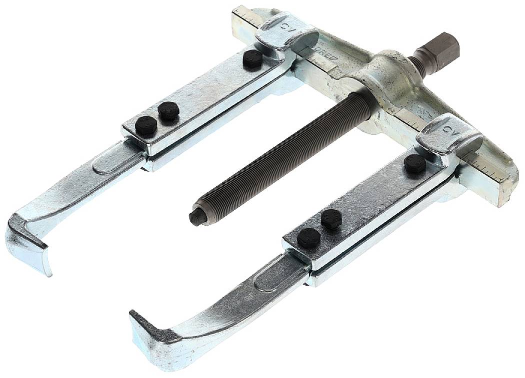 Two-legged puller with hook and screw mechanism made of metal, used for removing stuck parts.