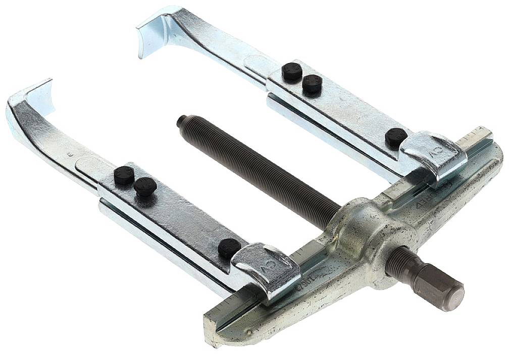 Two-legged metal puller with threaded spindle, used for removing bearings or similar components, against a white background.