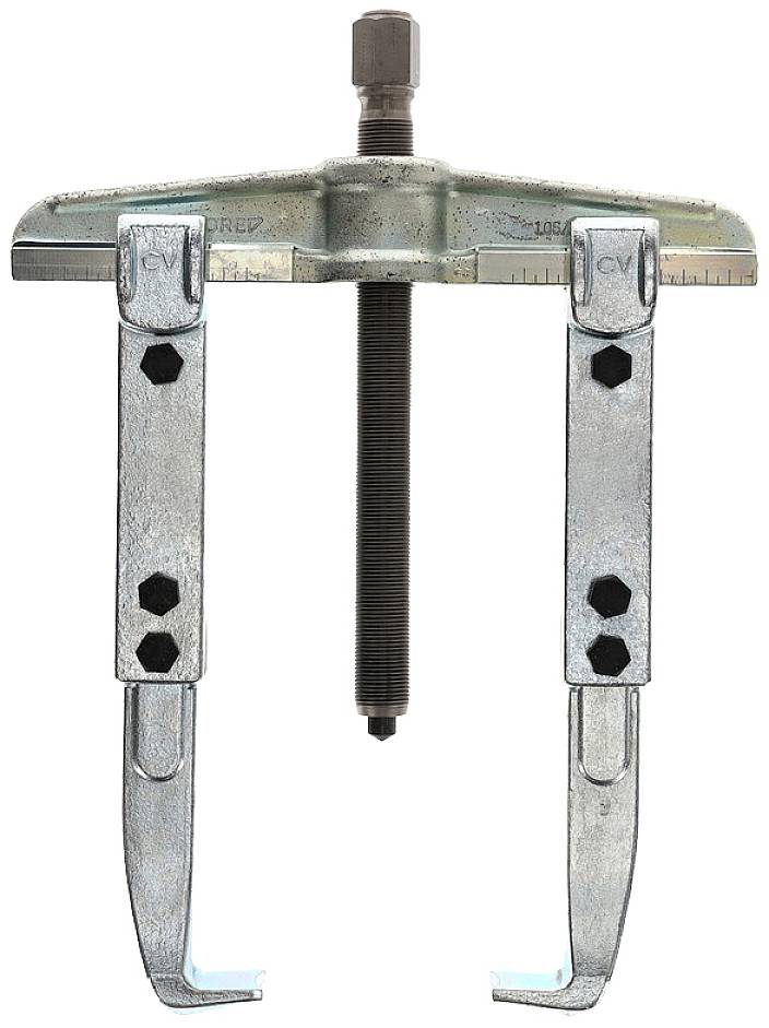 Two-arm metal puller with a central screw. Used to remove tight-fitting parts such as pulleys or bearings from shafts.