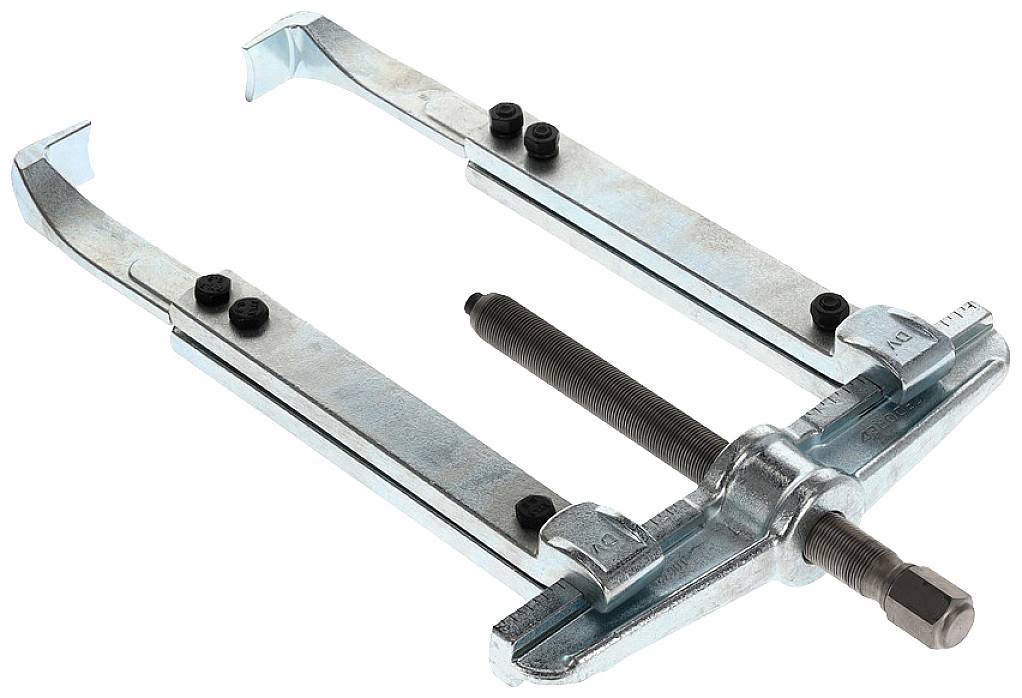 A silver puller with two arms and a central screw for removing bearings or gears.