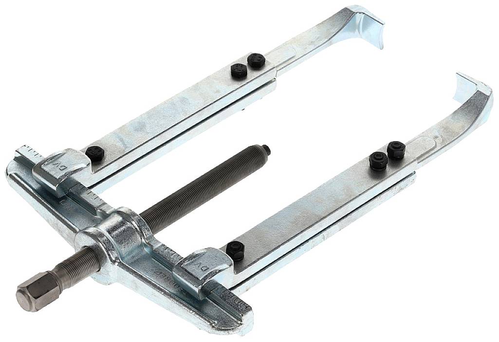 A blue-silver puller with two arms and a central screw for dismantling bearings or gears on shafts.