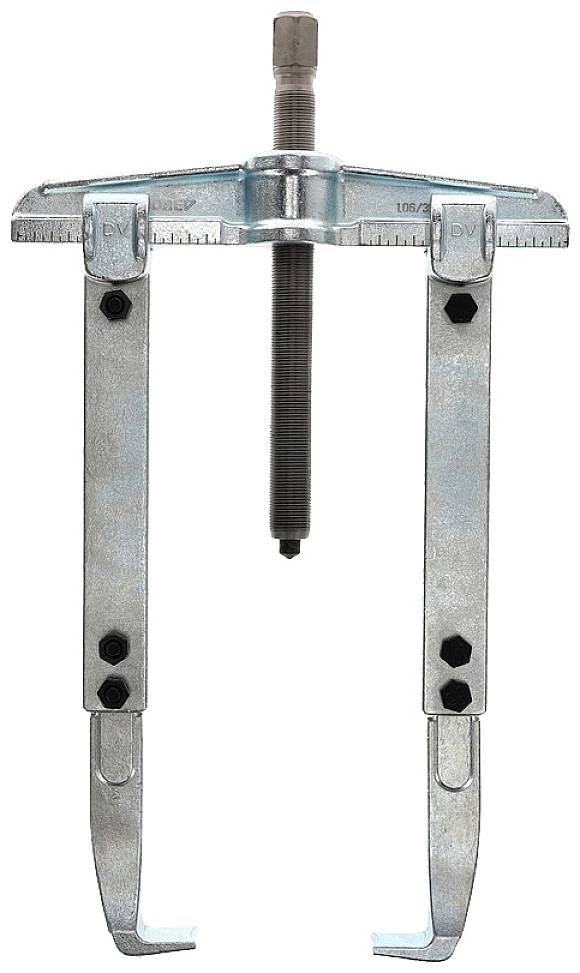 'A retractable metal tool holder with two adjustable arms and a central threaded bolt, used for removing bearings and gears.'