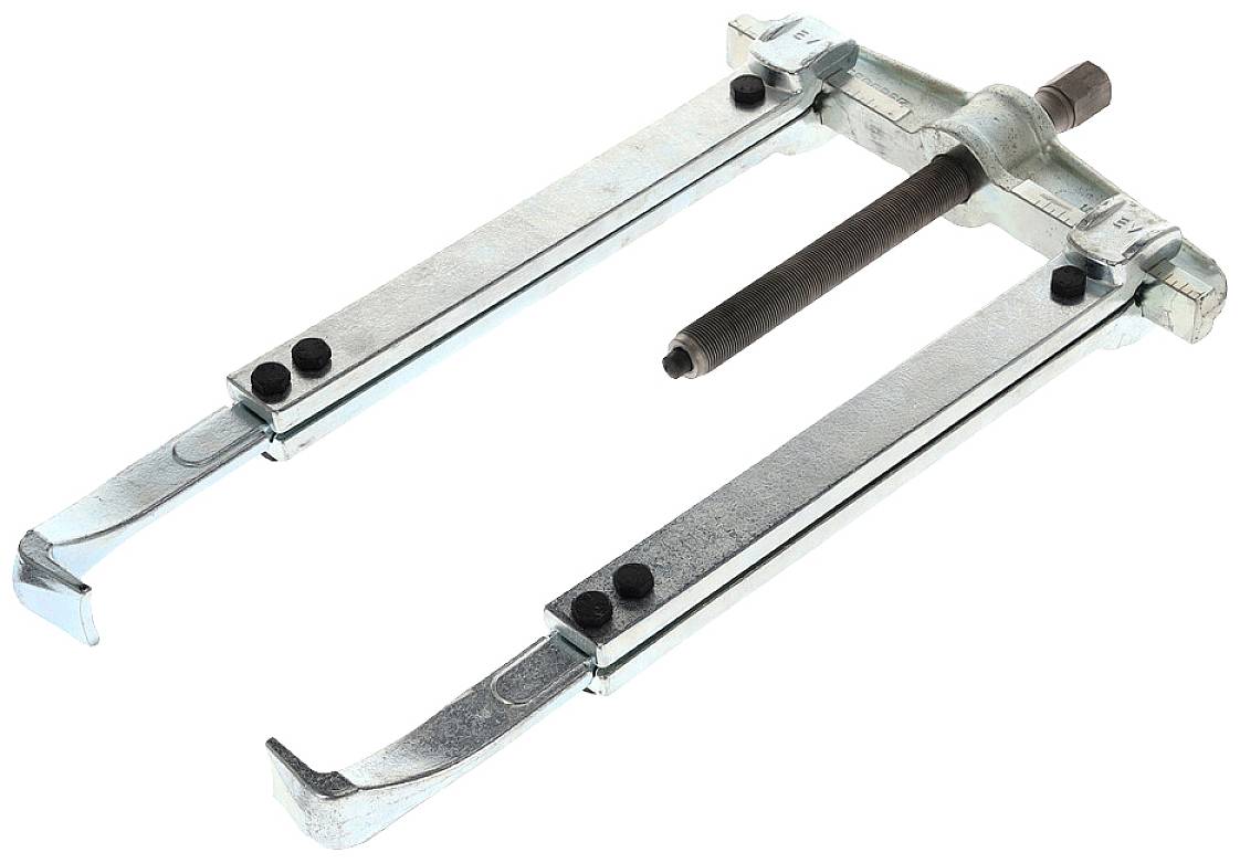 Two-legged puller with adjustable arms and a central threaded bolt, used for removing gears or bearings.