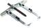 'Two-legged metal puller with adjustable arms and a central screw, used for removing bearings or pulleys.'