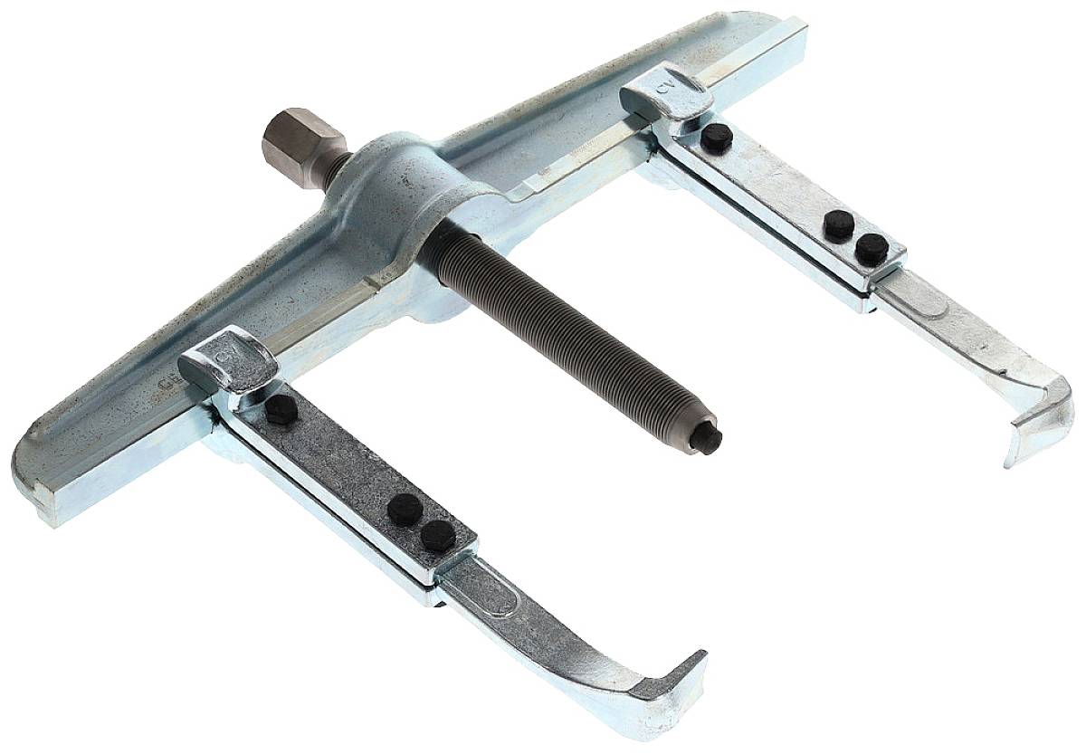 Two-arm metal puller with a central spindle, used for removing bearings or gears.