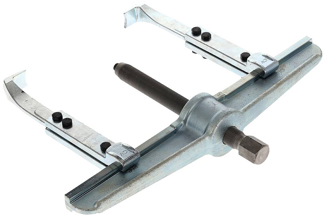 Two-arm metal puller with screw, for removing stuck bearings or gears.