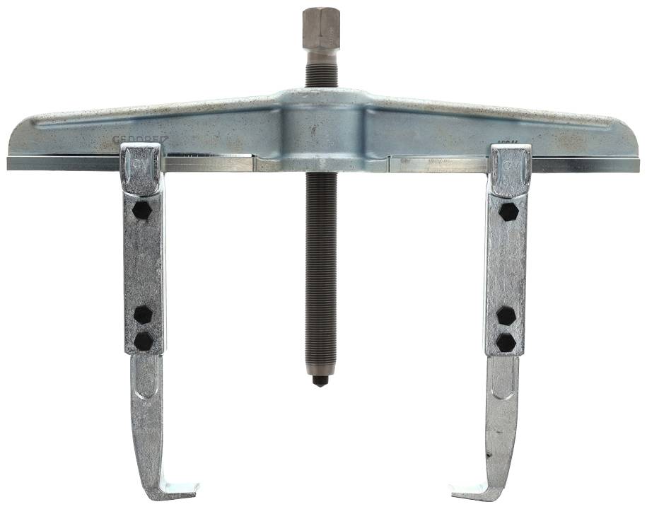 A two-legged metal puller, ideal for removing bearings or gears. It features adjustable gripping arms and a central screw for tightening.