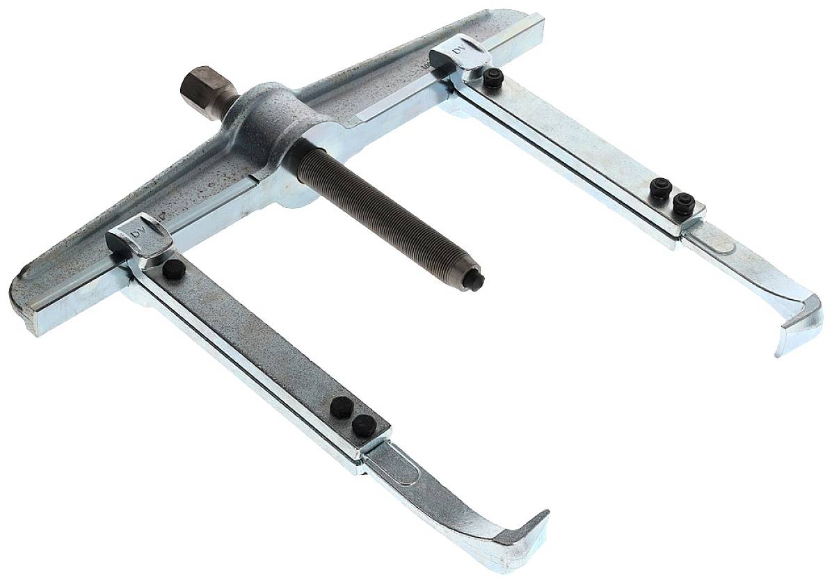 Metal two-arm puller, commonly used for removing bearings or gears from shafts in mechanical applications.