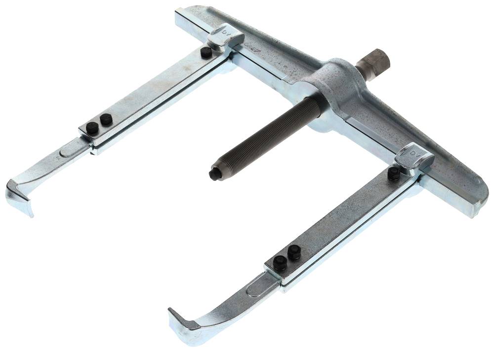 A blue puller with two adjustable arms and a central thread. Used to mechanically separate tight-fitting components.