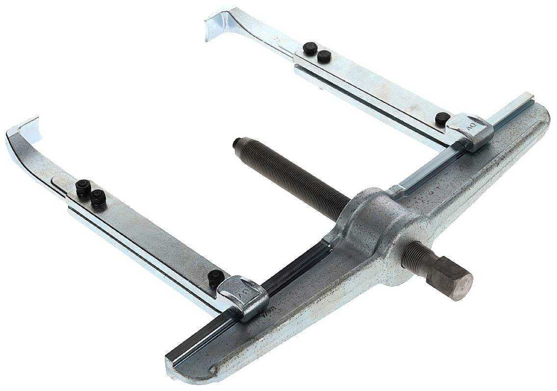 A silver, adjustable sliding puller made of metal with two handles and a central screw, used for removing bearings or gears.