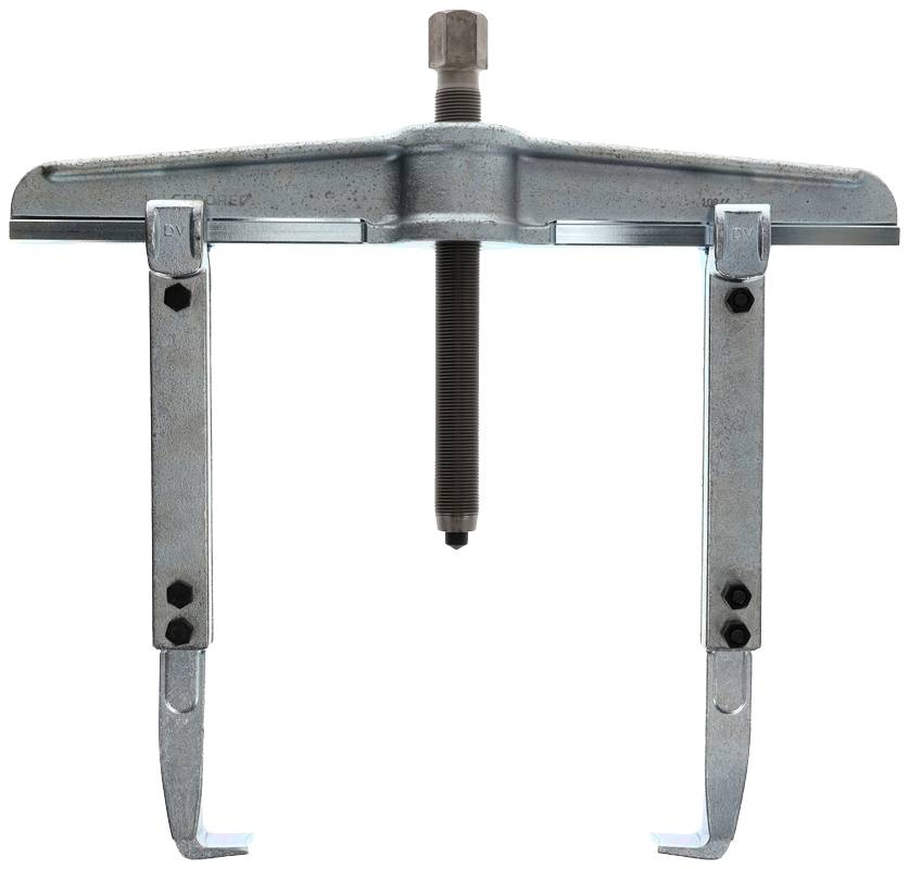 A silver puller with two adjustable arms and a central screw, used for removing bearings or gears.