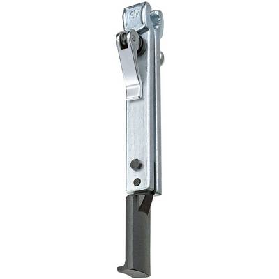 Metal locking mechanism with lever and black base. Used for securing doors or hatches.