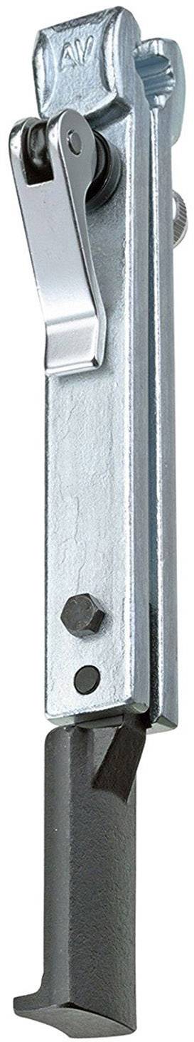 Metallic lever on a bolt, presumably part of a locking or securing mechanism.