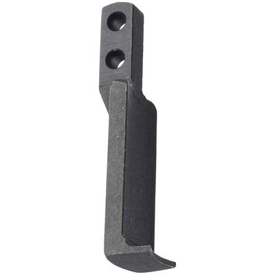 A dark metal tool with two holes at the upper end and a curved edge at the lower end, probably a cutting implement.