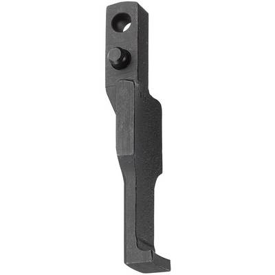 A metal component with an angled end and two holes, potentially part of a mechanical device or tool.