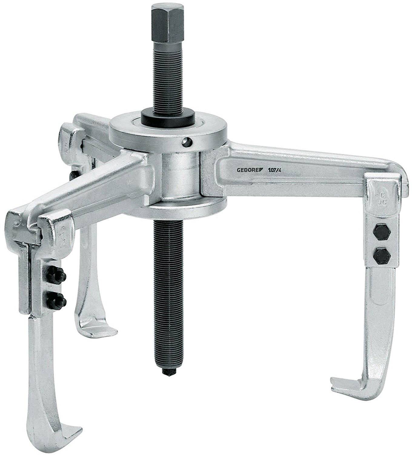 Three-legged metal puller with screw mechanism for removing bearings or gears, consisting of three movable arms.
