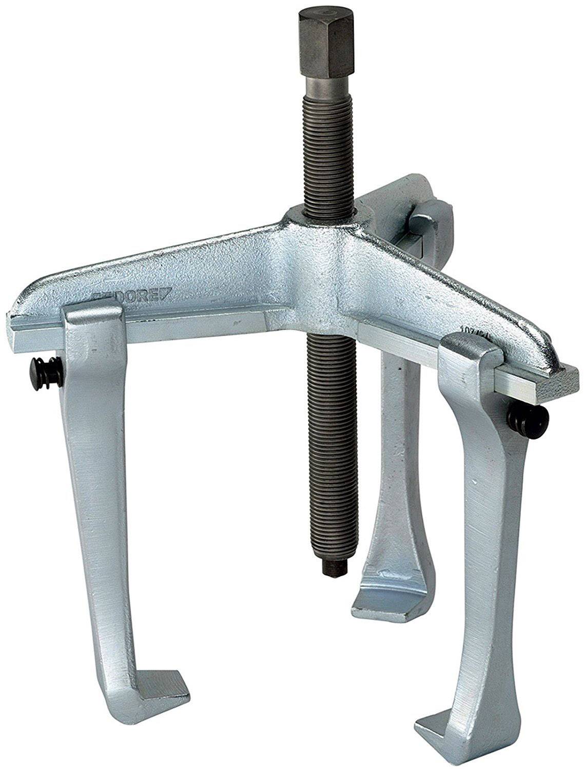 A three-legged metal puller with a screw mechanism in the centre, used for removing bearings or gears.