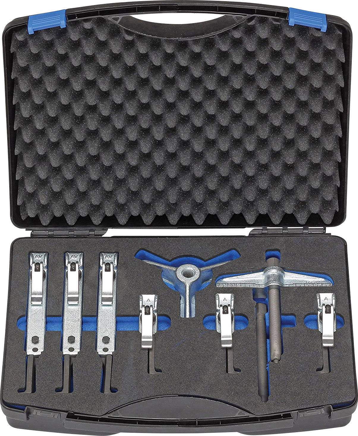An open plastic case reveals a set of pullers, consisting of various metal tools, neatly arranged in foam inserts.