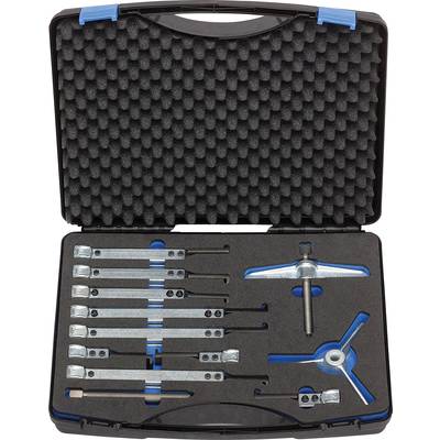 An open toolbox with several light grey metal tools and a blue handle, nestled in a foam insert, ready for use.