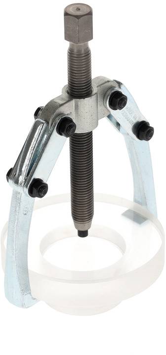 A puller tool with a central threaded pin and two arms positioned on a round object for removal or loosening.