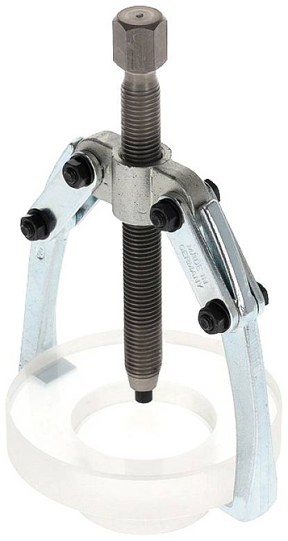 Two-legged puller with screw mechanism, used for removing tightly fitted components such as bearings or gears.