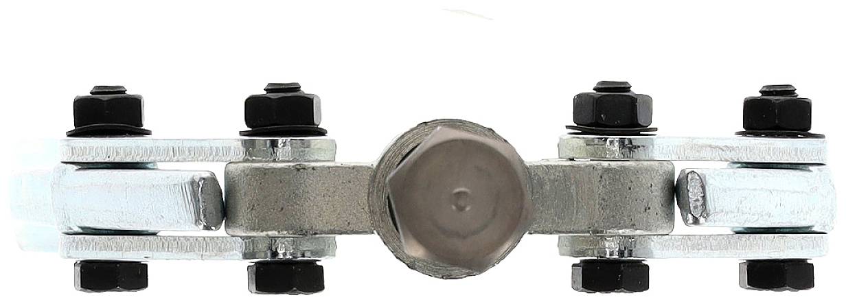 Metal connection element with a central hexagonal nut and four symmetrically arranged lateral bolts for mechanical fastening.