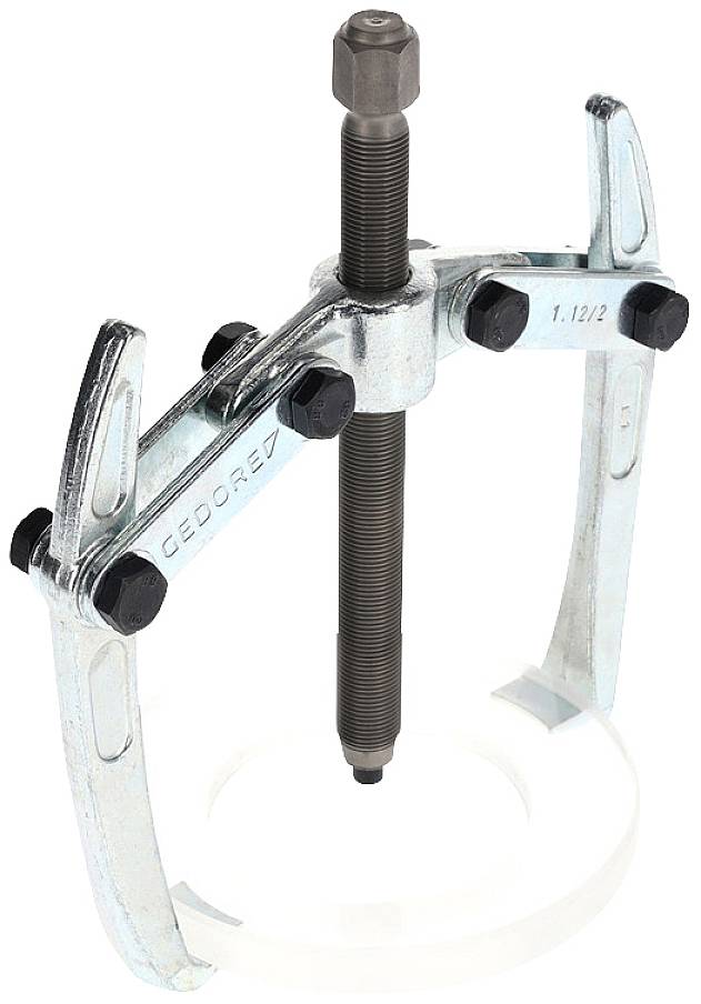 A silver two-arm puller with a central spindle and black tip, suitable for extracting bearings and gears in mechanical engineering.