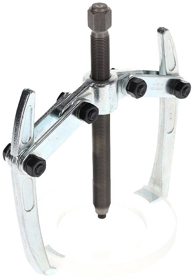 A two-legged metal puller for removing bearings or gears, with a central threaded rod and two gripping arms.