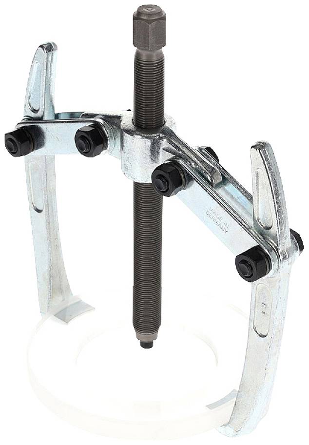 'Three-legged puller for removing bearings or gears. Metallic tool with adjustable arms and central screw mechanism.'