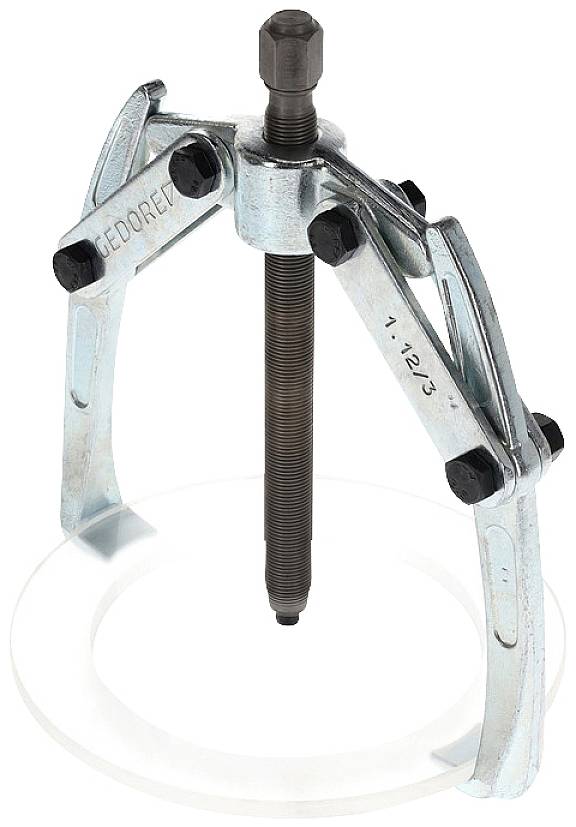 A three-armed metal puller tool with a central thread, used for removing bearings or gears from shafts.